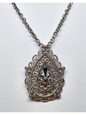 Vintage Crown Trifari Necklace Filigree Teardrop Pendant 24 Inches